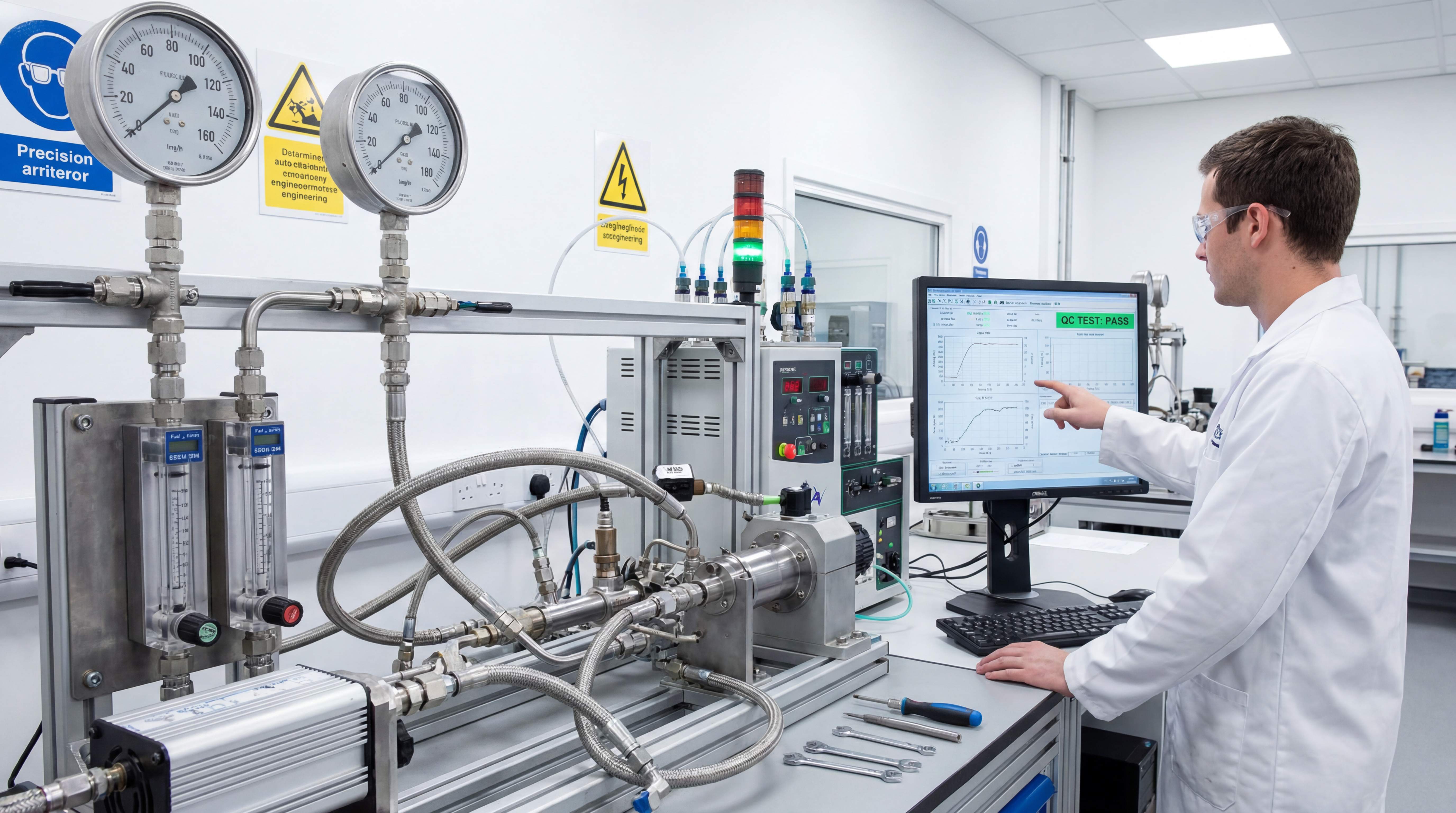 Fuel line pressure testing in quality lab with gauges, braided hose assembly, test equipment and QC test pass data on monitor
